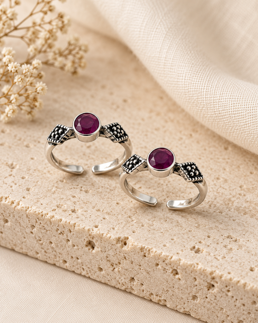 Meher Ruby Stone Silver Toe Rings