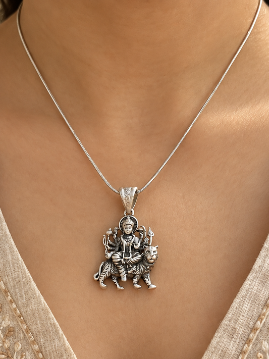 Maa Durga Silver Pendant