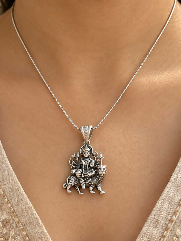Maa Durga Silver Pendant
